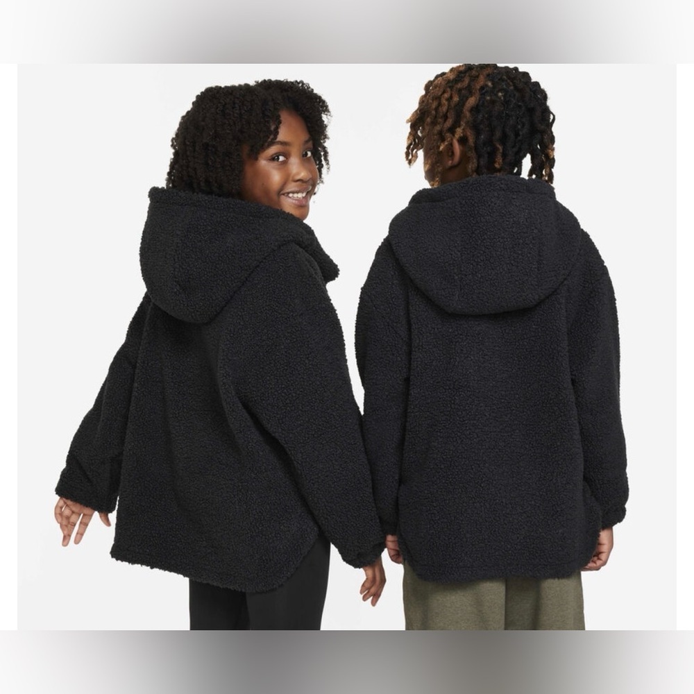 Nike Therma-FIT Faux Shearling Jacket Kids Size Small Black Sherpa Hooded NWT - Picture 2 of 9